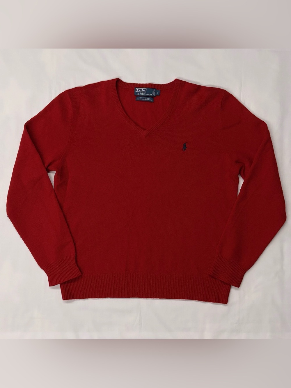 Polo Ralph Lauren Mens V-Neck Sweater Large Red Lambswool Pullover Pony Logo